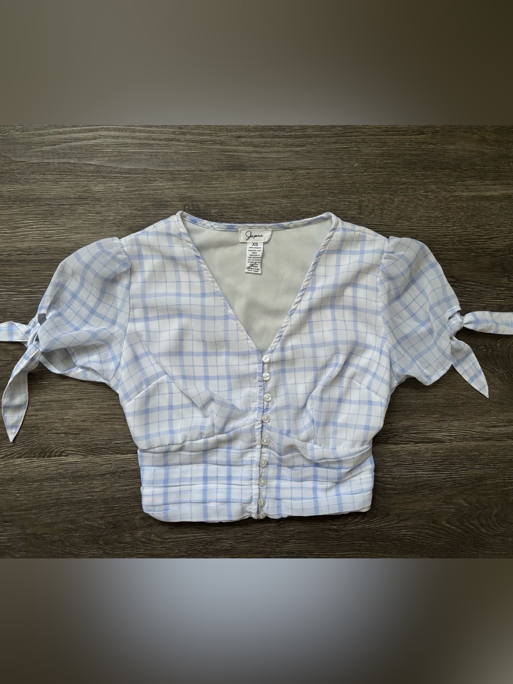 Light Blue Plaid Button-Front Crop Blouse with Tie Sleeves - Picture 1 of 3